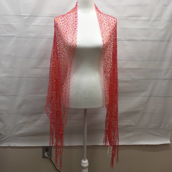 SIMPLY NOELLE Pink Orange Coral Crochet Fishnet Scarf Shawl NWT - Picture 3 of 6